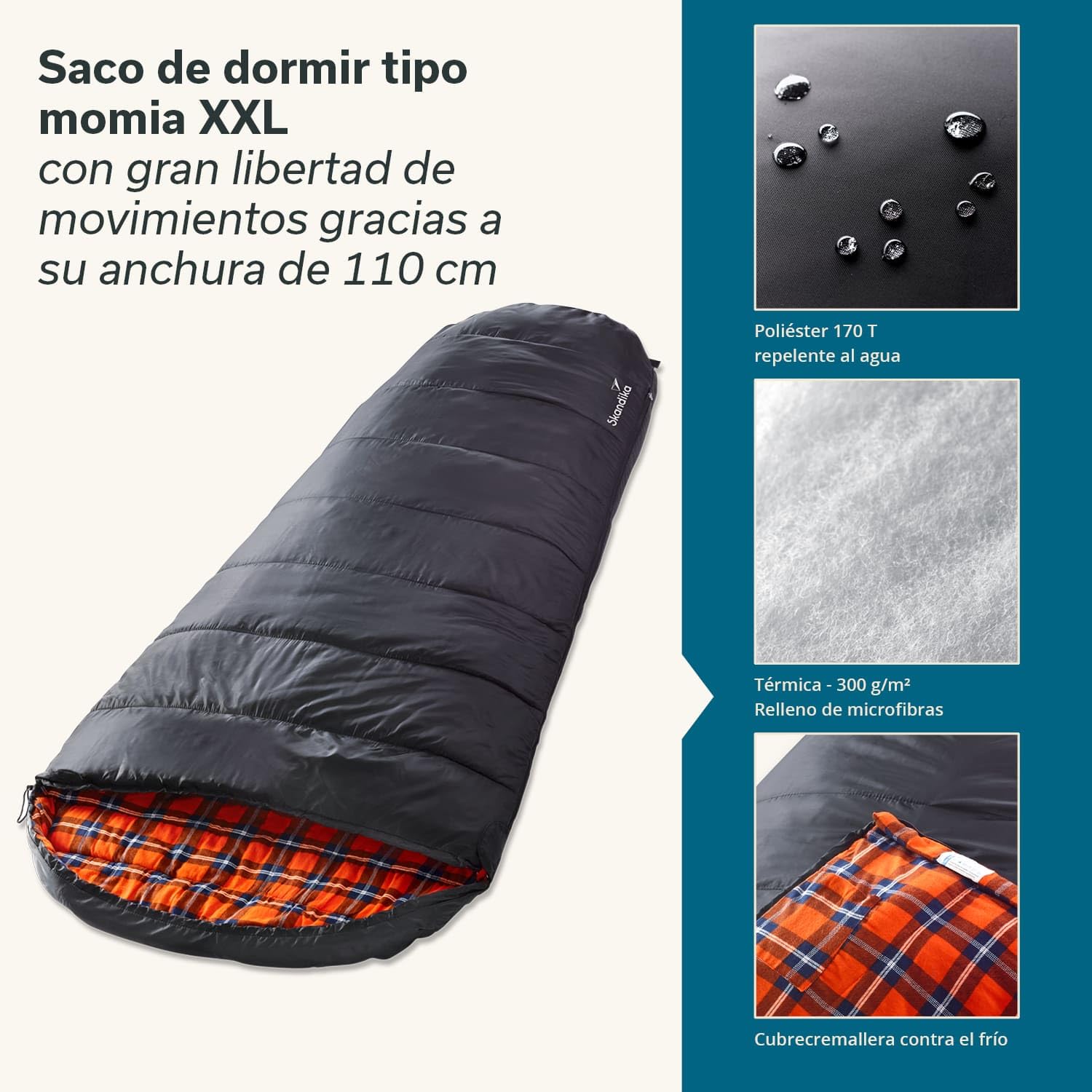 Skandika Saco de dormir Vegas franela | XXL de saco de dormir momia | Sleeping Pod | 220 x 110 cm, ranura para de cremallera, franela de lujo Forro | acoplable (Negro)