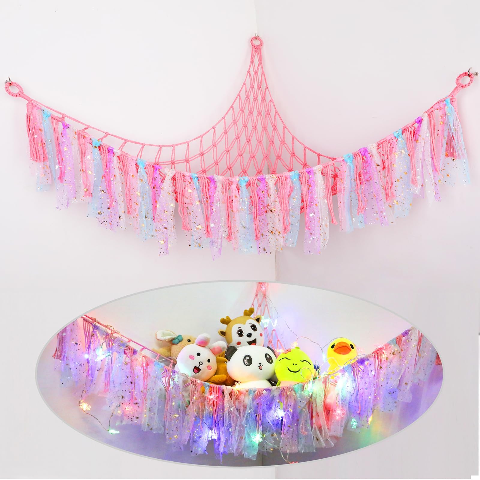 Stuffed Animal Net or Hammock with LED Light, Toy Hammock Hanging Stuffed Animal Storage Organizer Holder Room Dรฉcor with Tassels for Nursery Play Room Kids Bedroom (Pink)