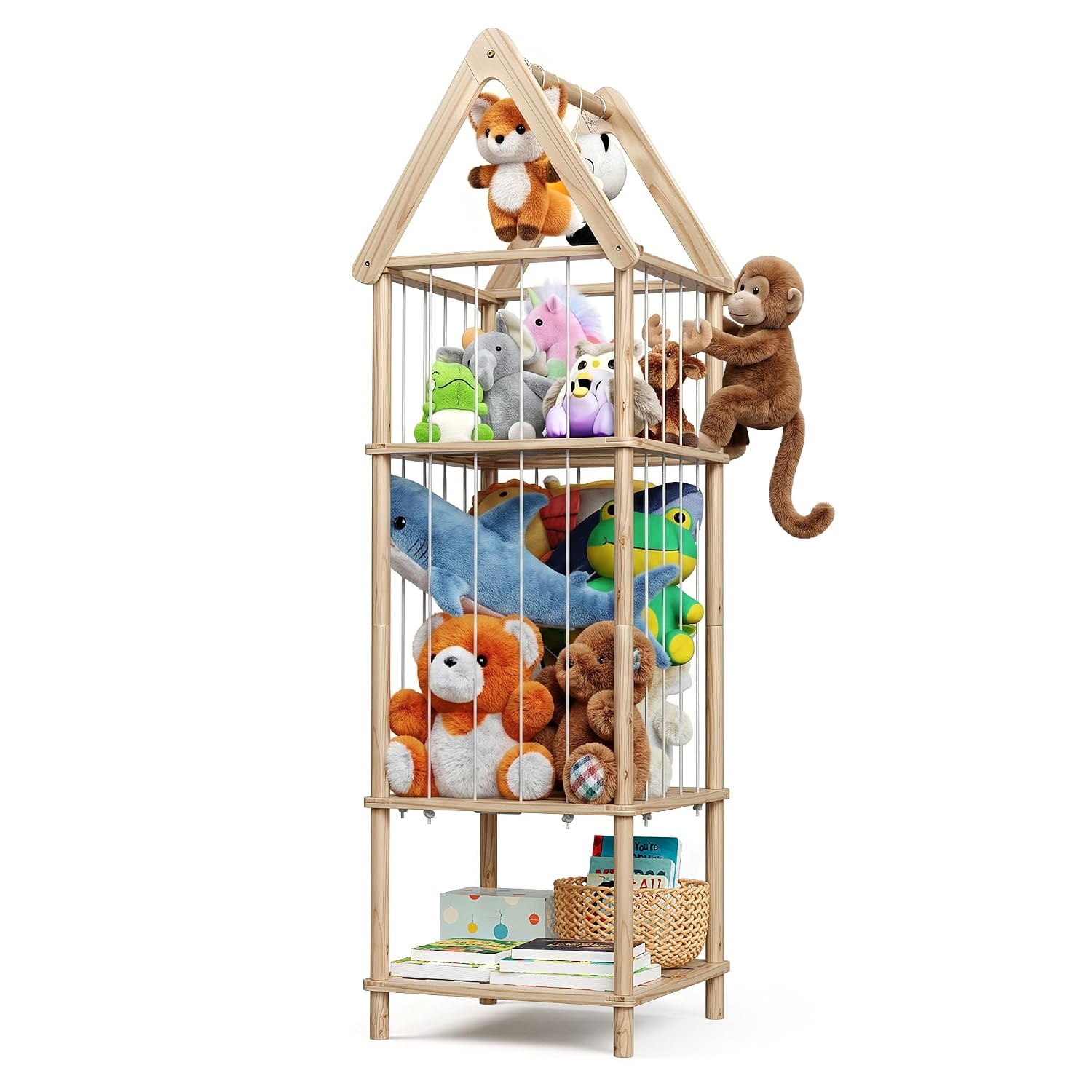 Kid Stuffed Animal Storage Corner, 3 Heights Adjustable (36", 45.5", 55.5") Wooden Zoo Stuffed Animal Organizer with Bottom Shelf, Durable Elastic Plushies Storage Cord - Teddy Bear Holder