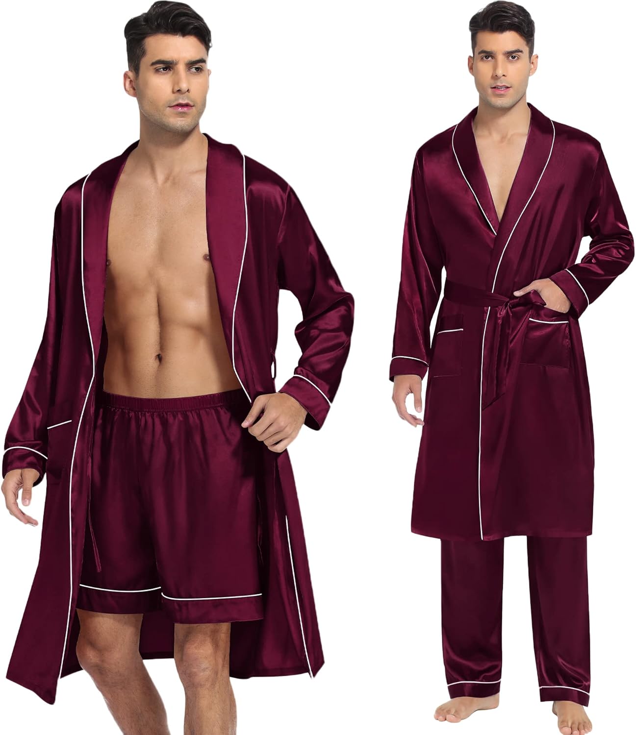 SWOMOG Men's Satin Robe 3 Pcs Silky Kimono Bathrobe Set Lightweight Soft Loungewear Nightwear - Image 2