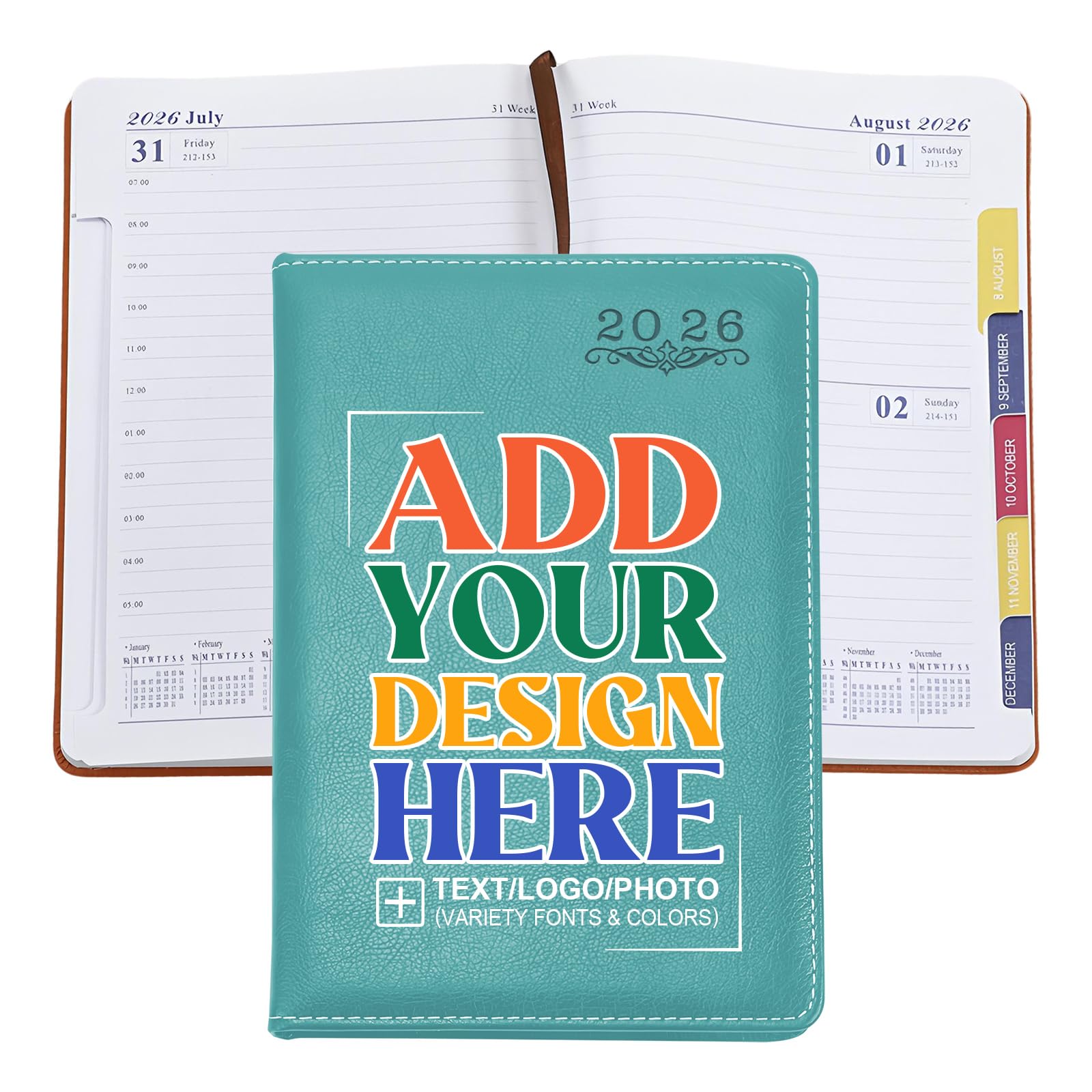Personalised 2026 Diary Planner - Customisable with Logo/Photo/Text | Soft PU Leather Cover, Monthly/Daily/Academic Weekly Pages & Calendar for School, Teal Green