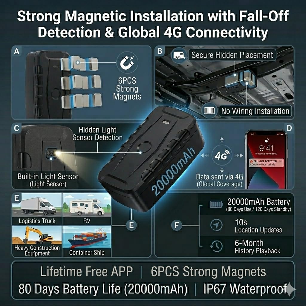 TKMARS TK918 GPS Tracker Auto 20000mAh - Localizzatore Con App Gratuita Senza Abbonamento, Magnetico, Antifurto, Posizione in Tempo Reale per Auto e Moto