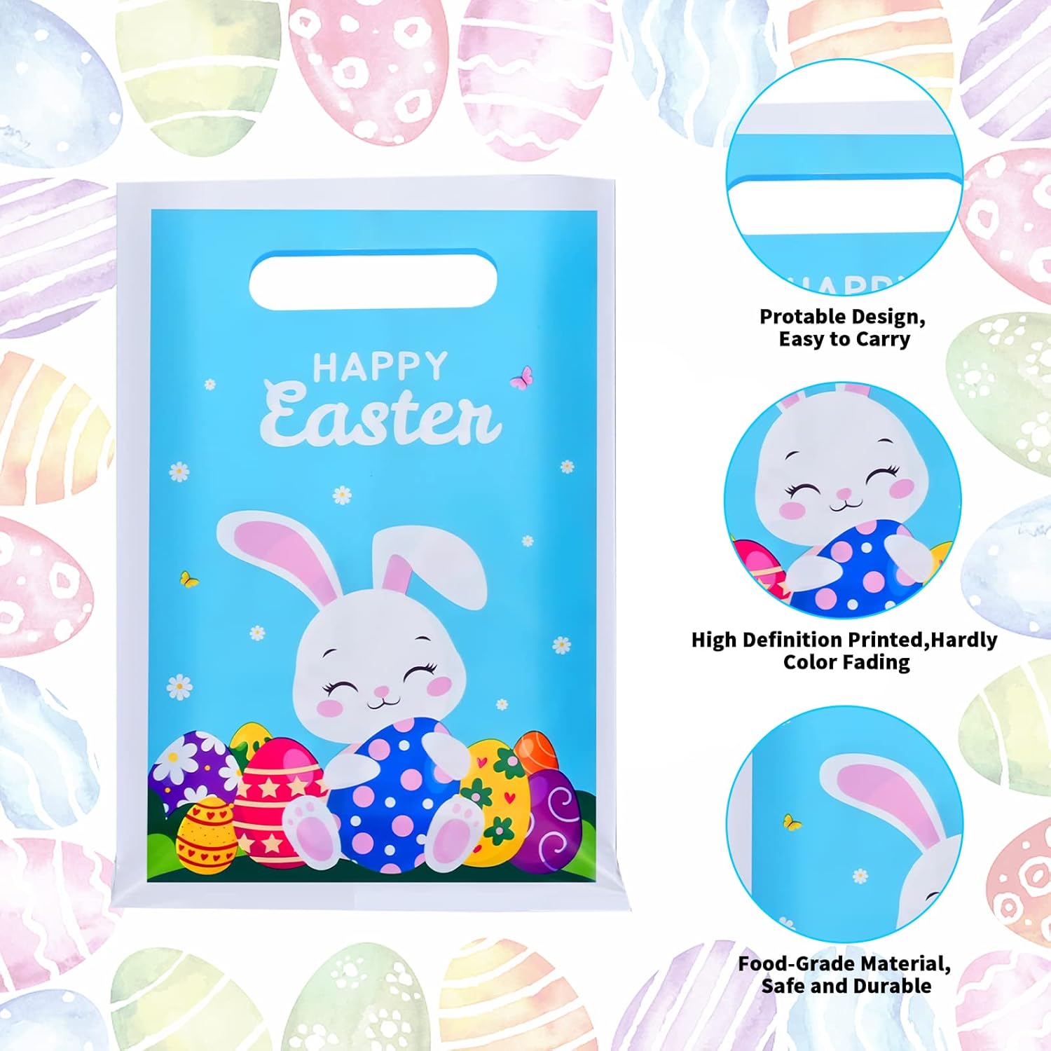 40 Pcs Happy Easter Gift Bags with handles - Spring Bunny Plastic Tote Bags, Blue Reusable Snack Treat Goody Candy Bag - Easter Cute Rabbit Party Favor Bags for Kids Eggs Hunt Party Supplies - Image 3