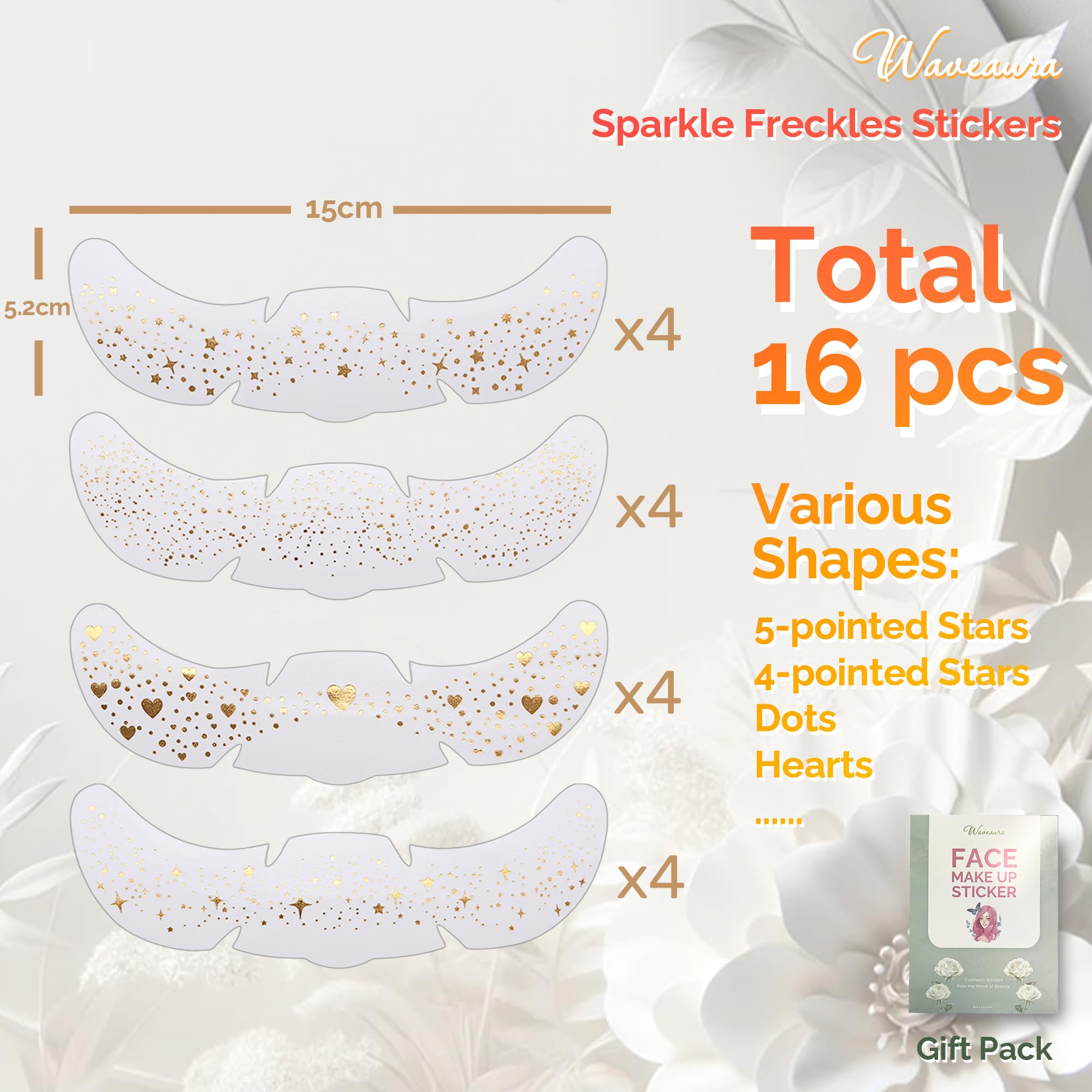 Waveaura 16pcs Temporary Tattoos Kit Face Glitter Gold Sparkle Freckles Festival Accessories for Women Fake Freckle Patch Glitter Star Face Stamp Faux Freckles Stickers Make Up - Image 2