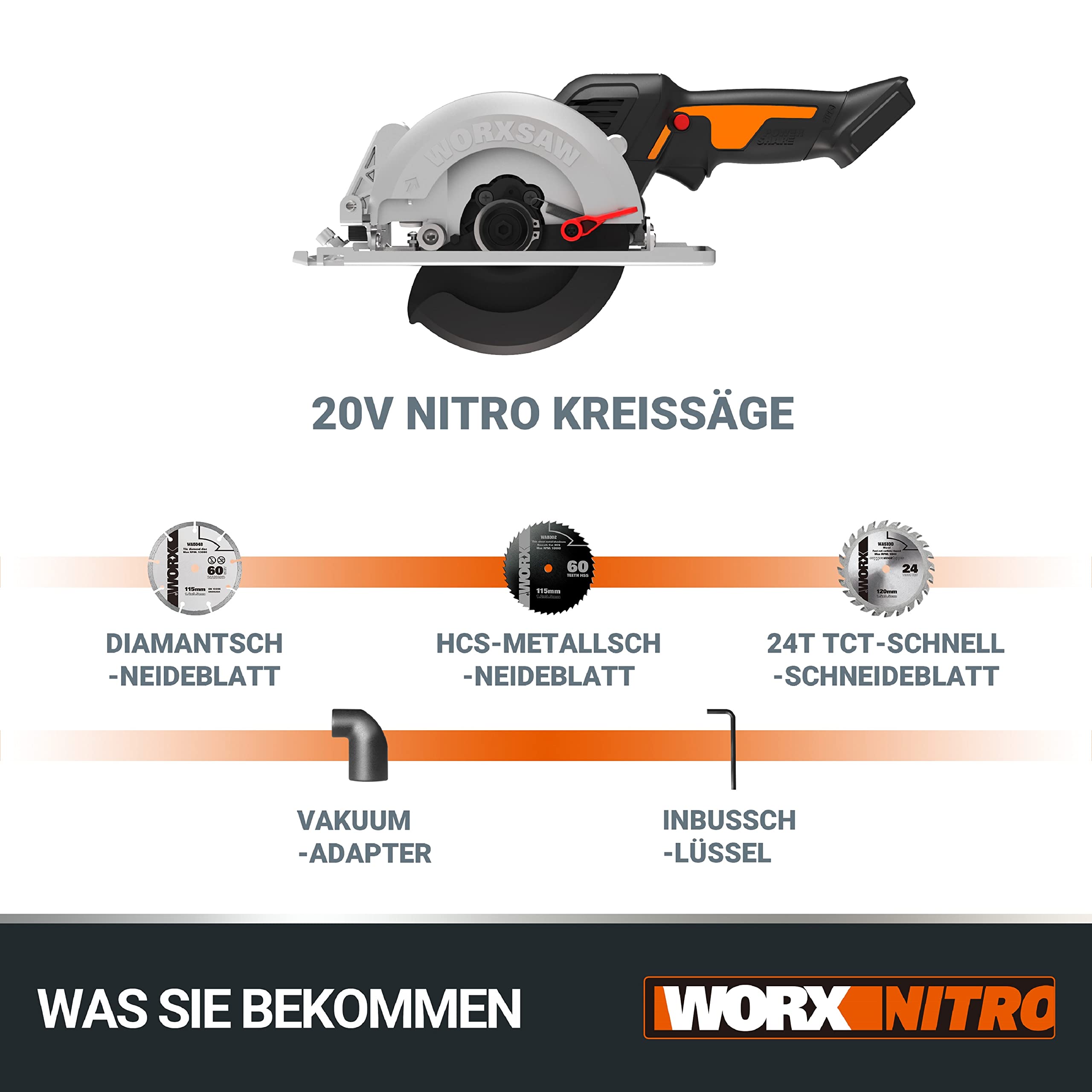 WORX NITRO WX531.9 Akku Kreissäge 20V – Leistungsstarke Bürstenlose Kreissäge für exakte, gerade Schnitte – 120 mm – Schneidet mühelos Holz, Metall, Fliesen & Plastik – ohne Akku & Ladegerät