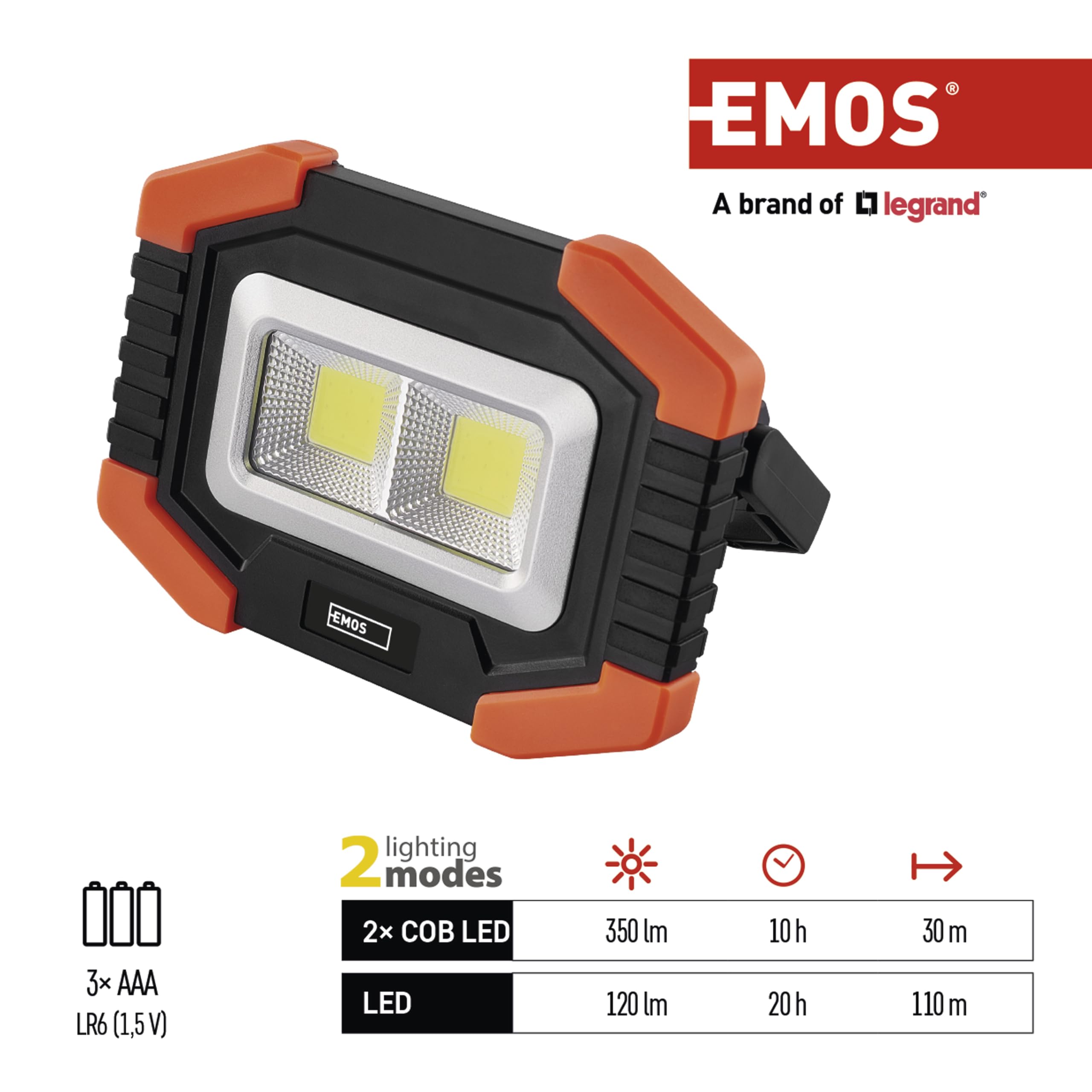 EMOS Lampa robocza LED, mały, przenośny reflektor roboczy, jasność 350 lm, zasięg świecenia 110 m, 2 tryby świecenia, zasilanie bateryjne, czas świecenia do 20 godzin, obrotowy uchwyt