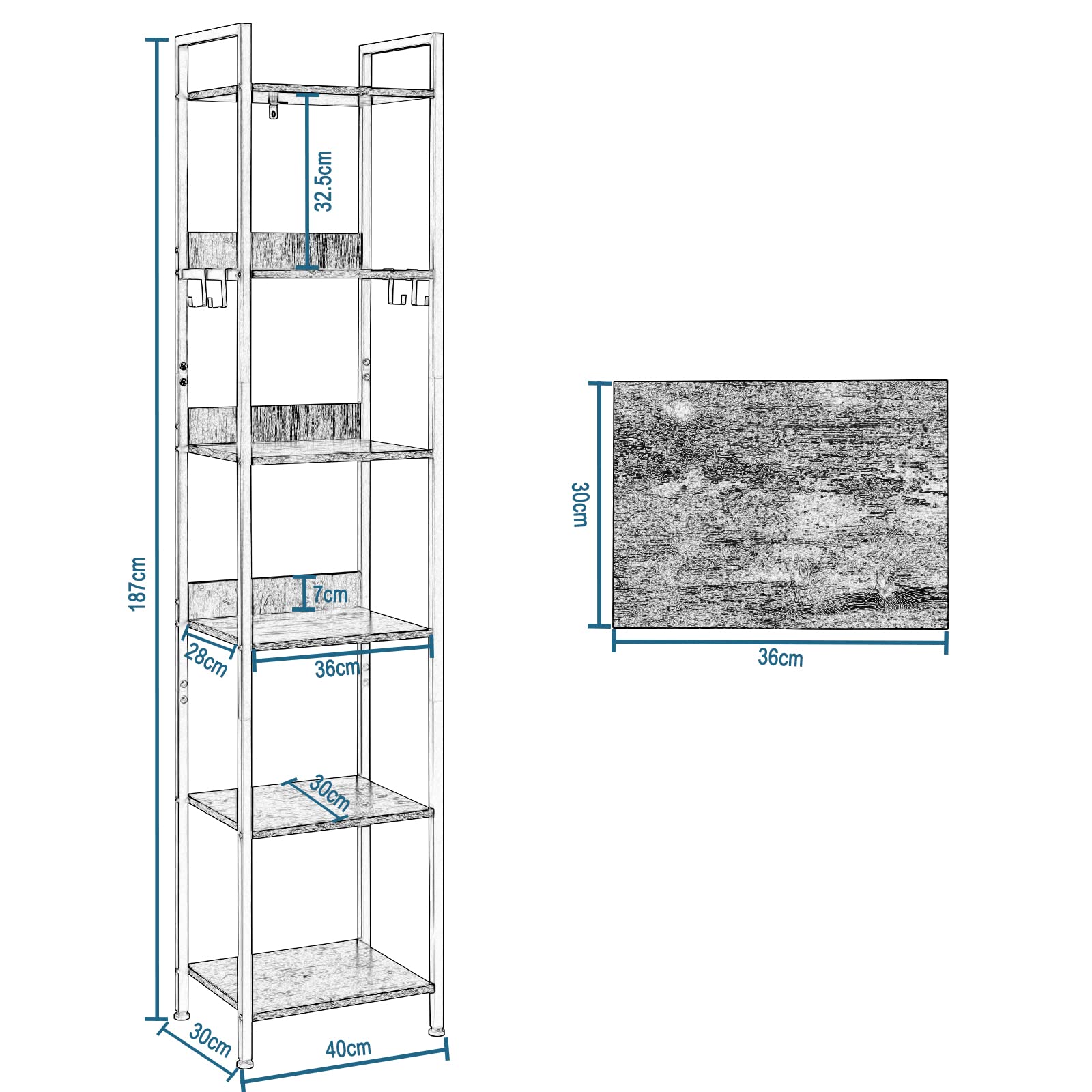 EUGAD Libreria Industriale a 6 Livelli, Scaffale in Metallo e Legno per Soggiorno e Cucina, Salvaspazio con 4 Ganci, Nero + Legno Vintage, 40x30x187cm