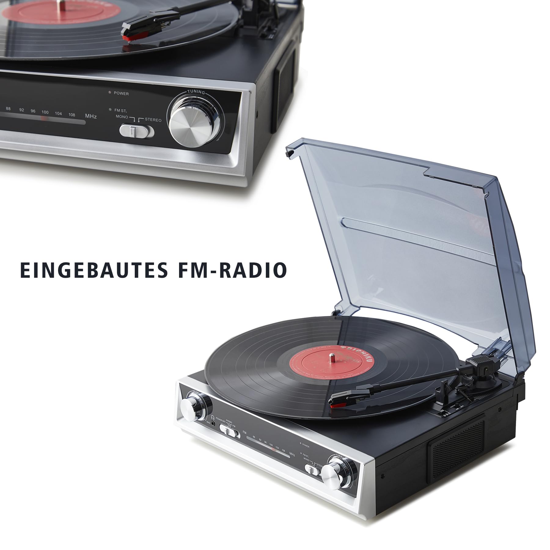 Vintage All-in-One Schallplattenspieler mit eingebauten Lautsprechern, 3-Geschwindigkeiten 33/45/78 U/min, FM-Radio, RCA & Kopfhörer-Ausgang, Schwarzes Holz — Kein Bluetooth