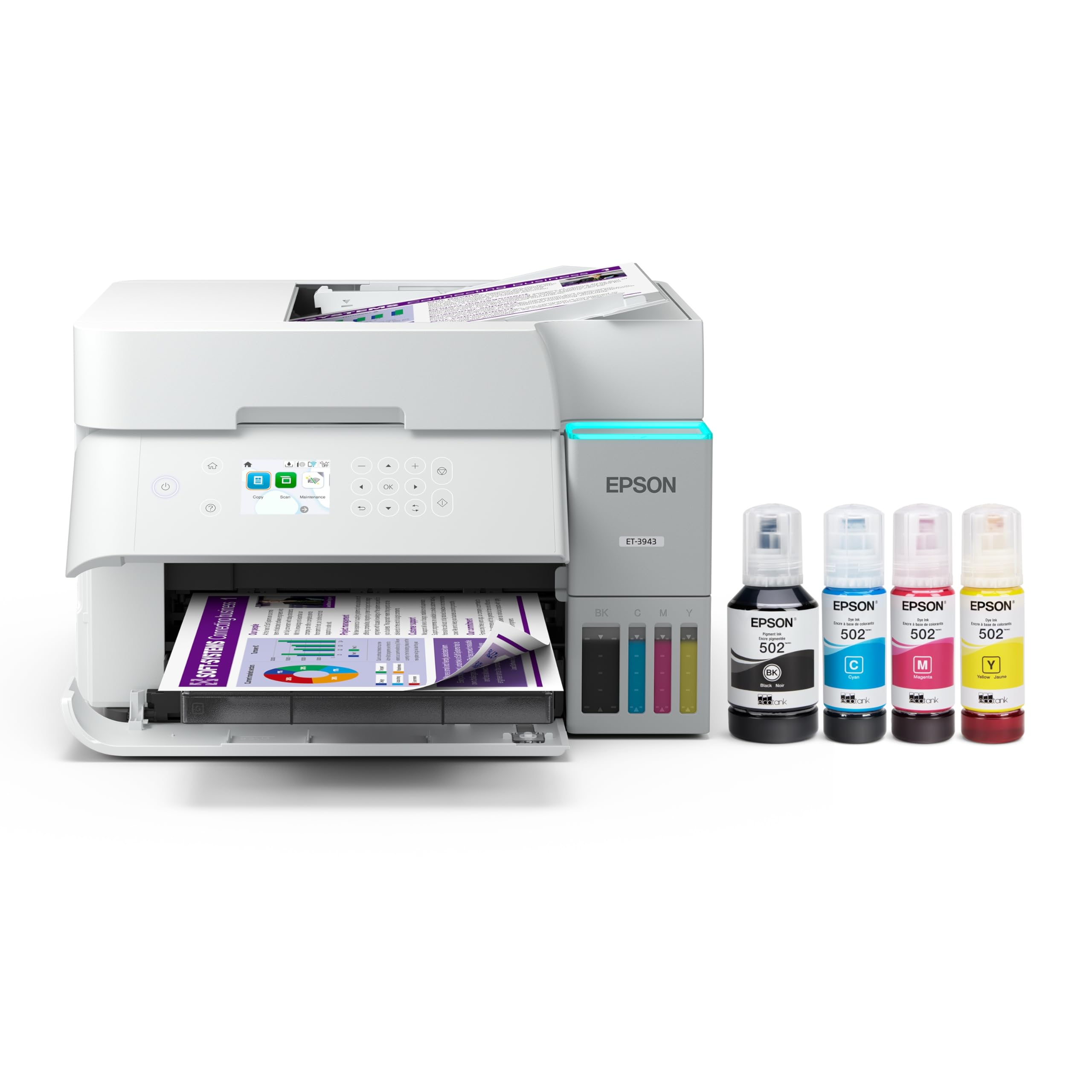 Epson EcoTank ET-3943 Wireless All-in-One Colour Supertank Printer with up to 3 Years of Ink, Refillable Tanks, Perfect for Home Office, 17 PPM, 2.4" Colour Screen, Auto Document Feeder – White