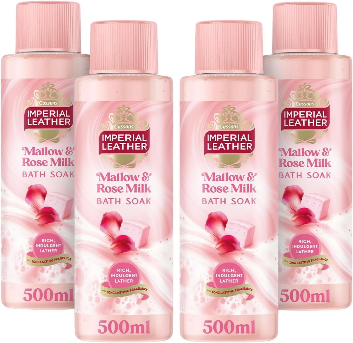 Pampering Bath Soak, Mallow and Rose Milk, Rich and Creamy Bubble Bath, Gentle Skin Care, Bulk Buy, Pack of 4 x 500 ml
