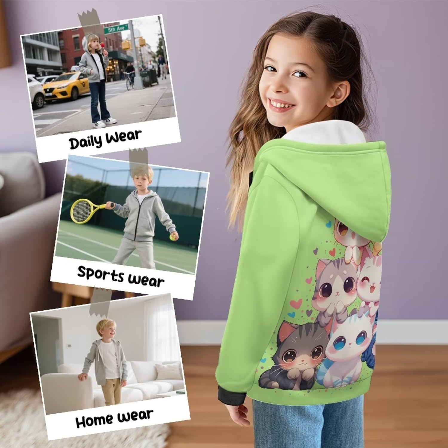 Cute Animals Print Kids Zipper Hoodies Girls Comfy Soft Long Sleeve Hooded Sweatshirt with Pocket