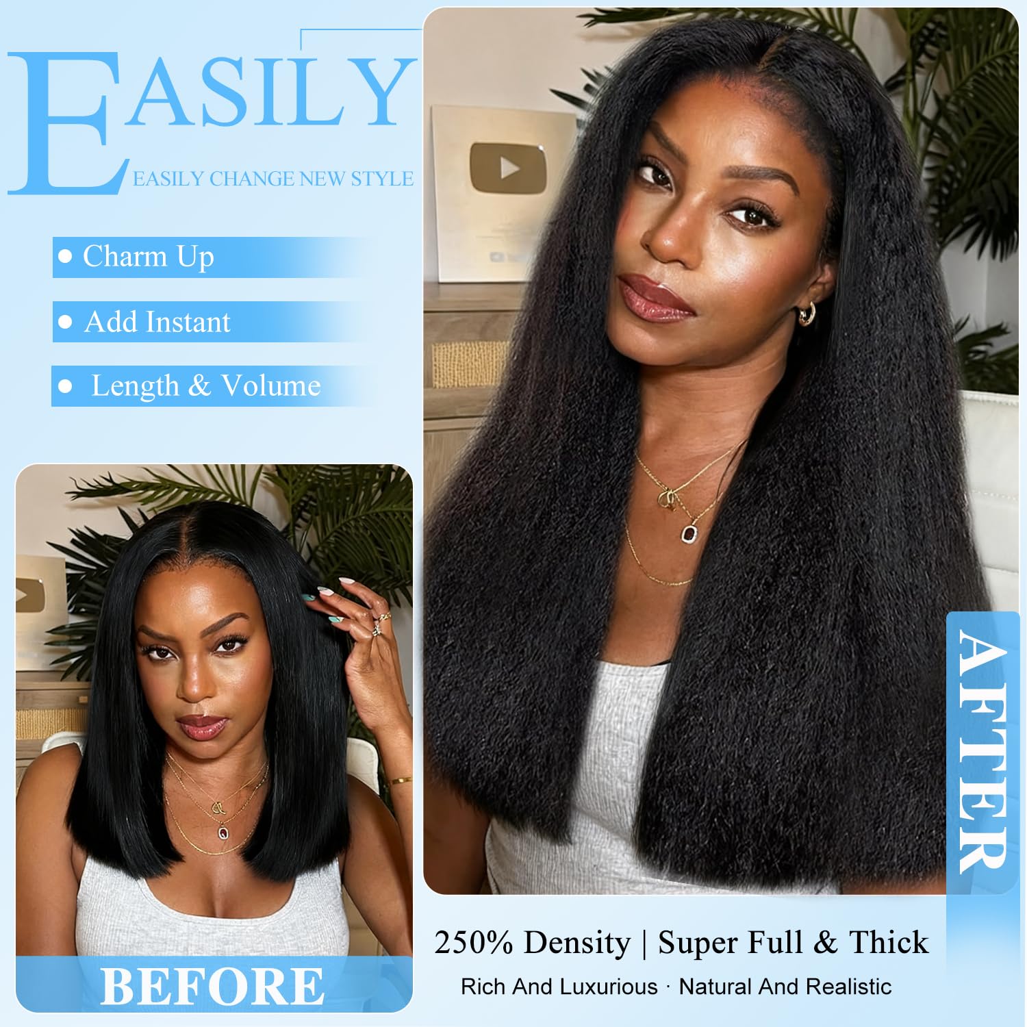 4C Edge Kinky Straight Human Hair Wigs 13x6 HD Lace Front Wigs Human Hair 250% Density Wig With Curly Edges Baby Hair For Black Women Natural Color 30 Inch