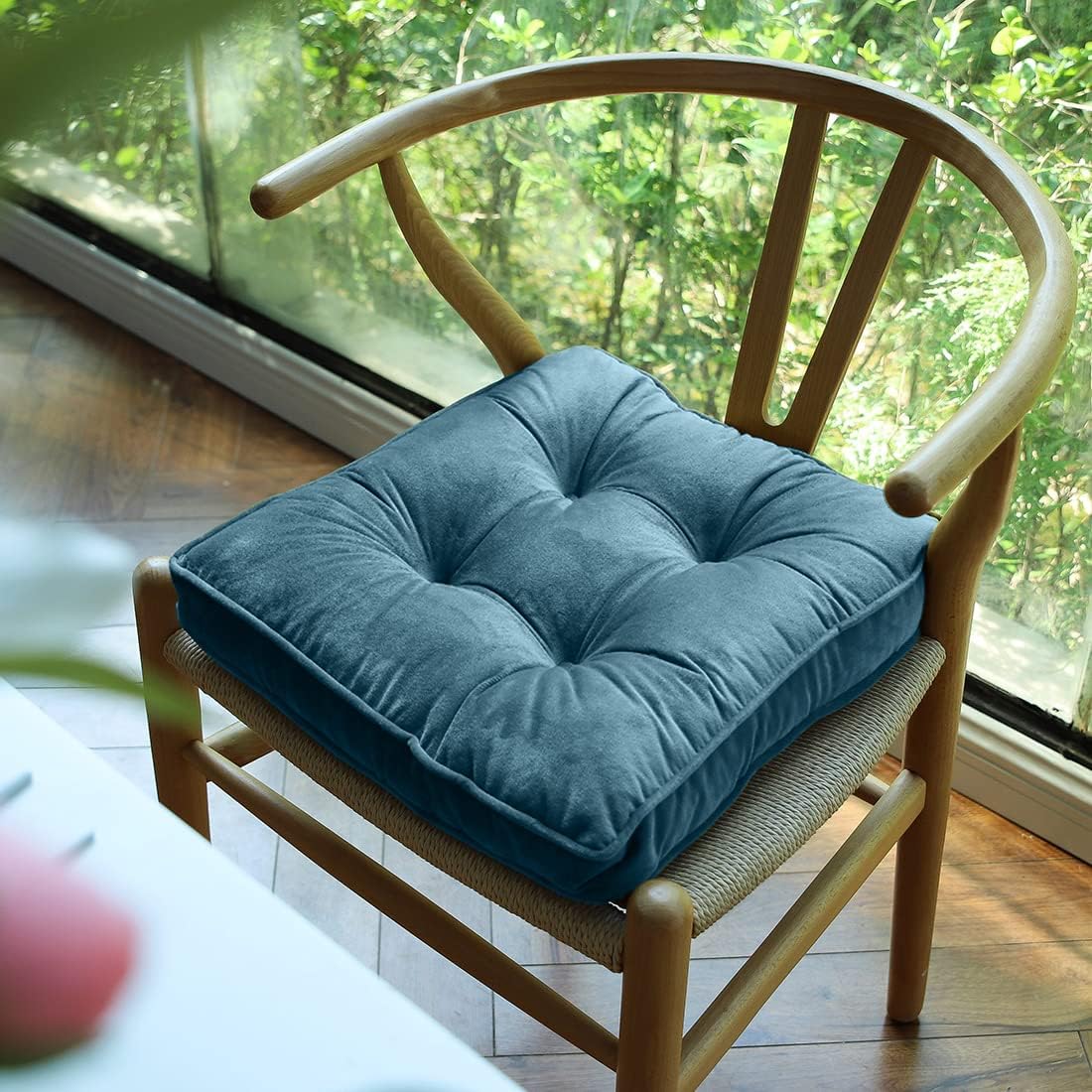 Soft Velvet Chair Pads with Ties Comfy Solid Seat Cushion for Dining Chairs, Office Chairs, Hardwood Floors (Blue, 16"x16")