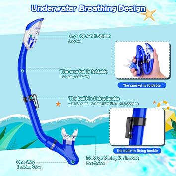 Snorkeling Gear for Kids with Foldable Silicone Full Dry Snorkel, Kids Snorkel Set Anti Leak Youth Junior Snorkeling Package Diving Mask Soft Tube with Mesh Bag Swimming Goggles