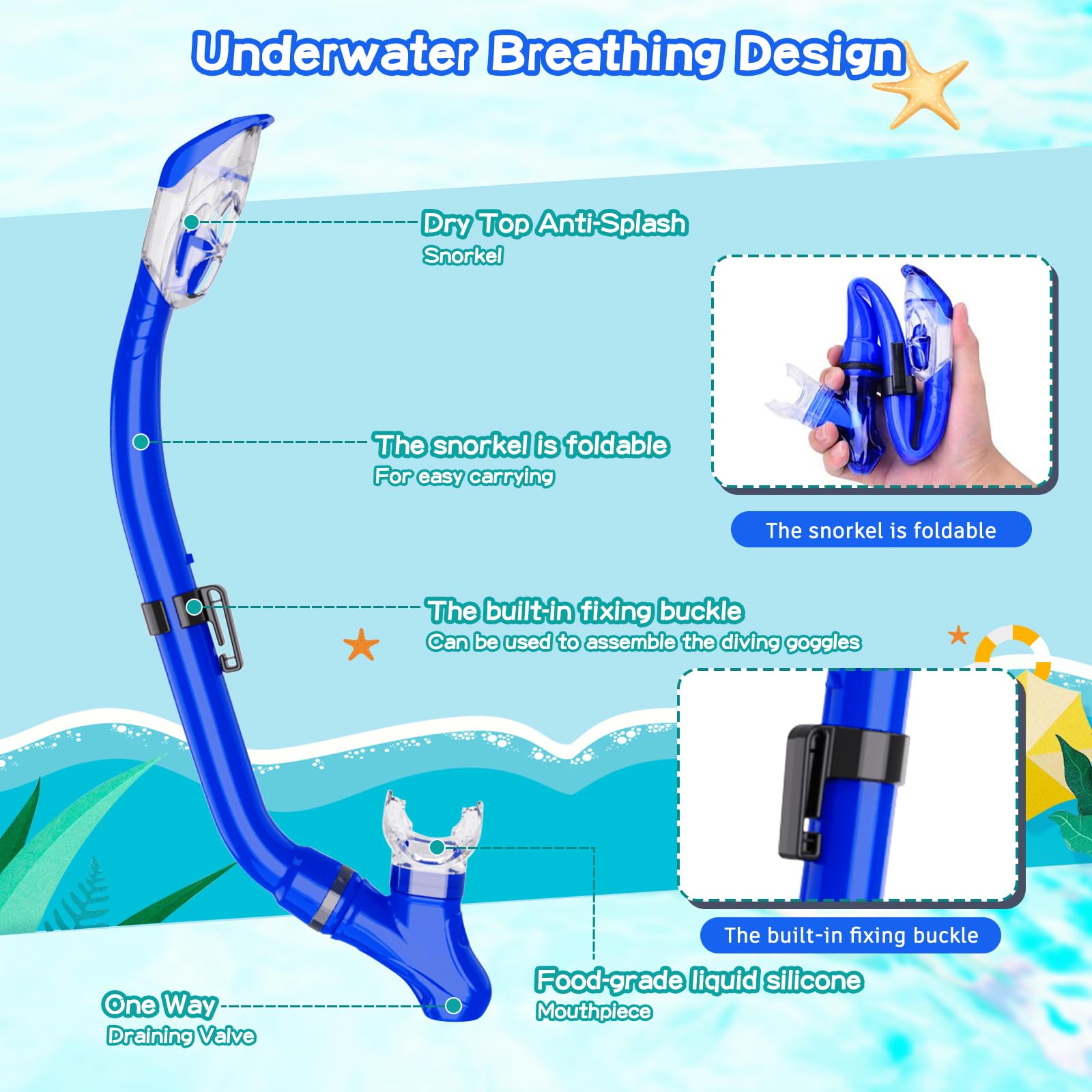 Snorkeling Gear for Kids with Foldable Silicone Full Dry Snorkel, Kids Snorkel Set Anti Leak Youth Junior Snorkeling Package Diving Mask Soft Tube with Mesh Bag Scuba Swimming Goggles