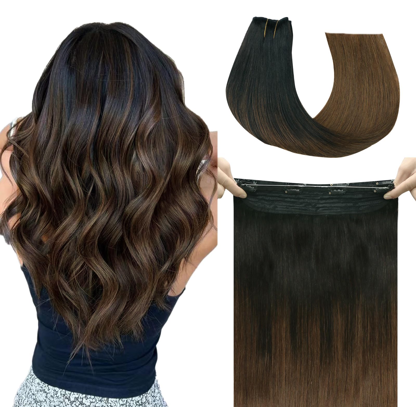 SAFIRENY Wire Hair Extensions Real Human Hair Highlights Invisible Wire Hair Extensions Straight Hair Extensions Clip Ins Natural Black to Brown Hair
