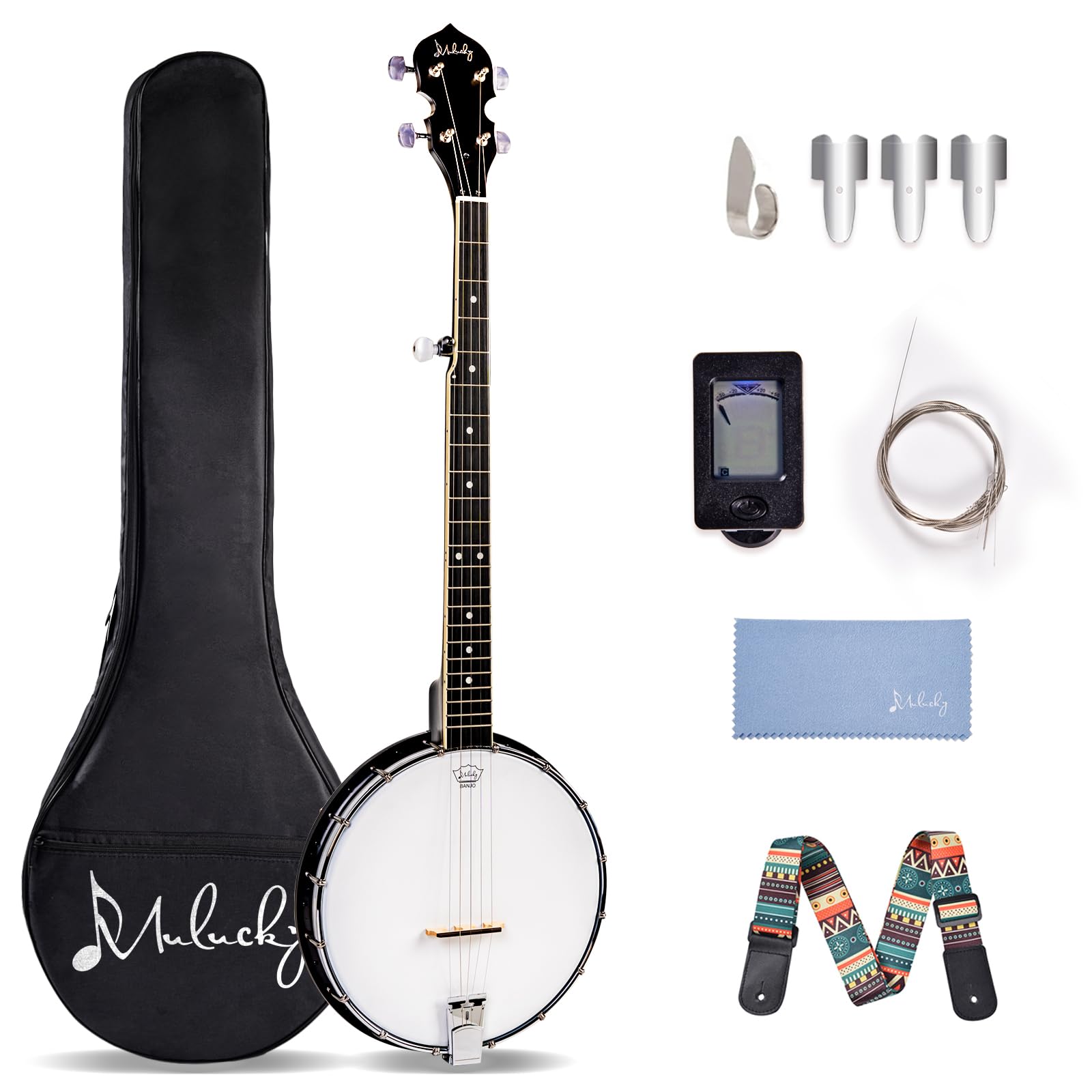 Mulucky Banjo a 5 corde, full size con 24 staffe, schiena aperta, testa Remo, 5° accordatore con ingranaggio, kit per principianti incluso, MB1107