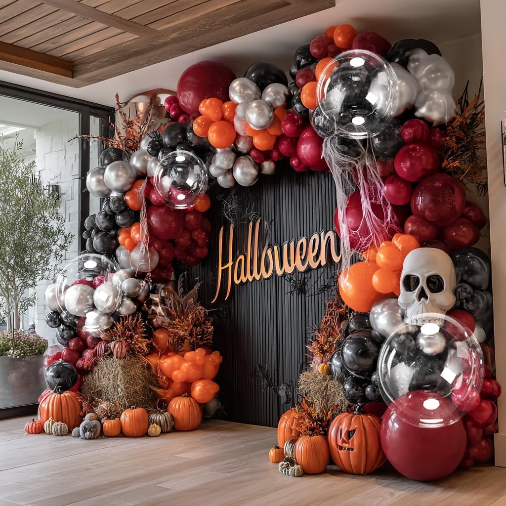 Halloween Balloon Arch DOUBLE STUFFED Orange Black Red Balloons for Birthday Baby Shower Halloween Fall Party Decorations