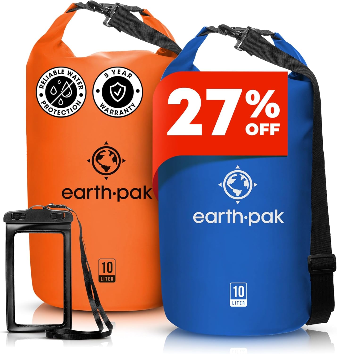 Earth Pak Waterproof Dry Bag - Roll Top Waterproof Backpack Sack Keeps Gear Dry for Kayaking & Fishing with Phone Case (Orange 10L & Blue 10L)
