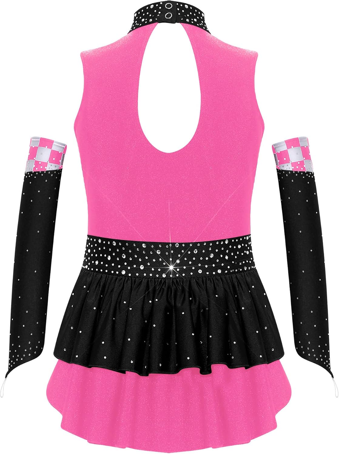 YiZYiF Kids Racing Suit Stage Performance Sparkly Dance Leotard Plaid Printed Rhinestone Bodysuit with Oversleeves