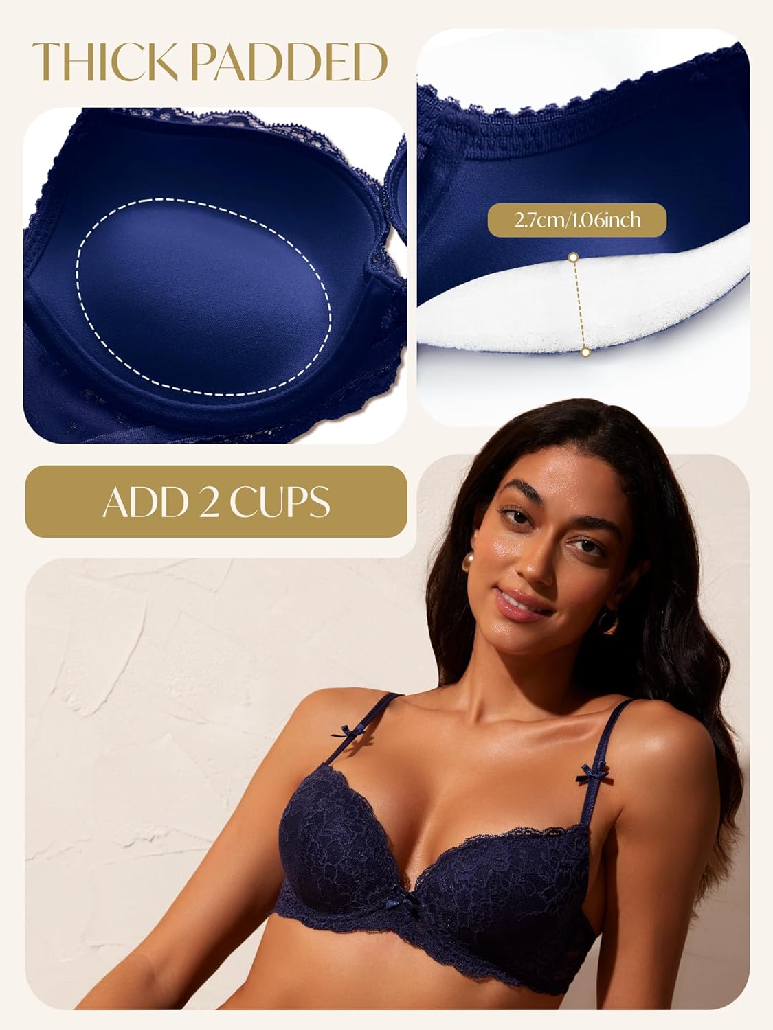 Women's Lace Push Up Bra Add 2 Cups Underwire Padded Support Full Coverage Plunge Everyday Lift Bra - Image 2