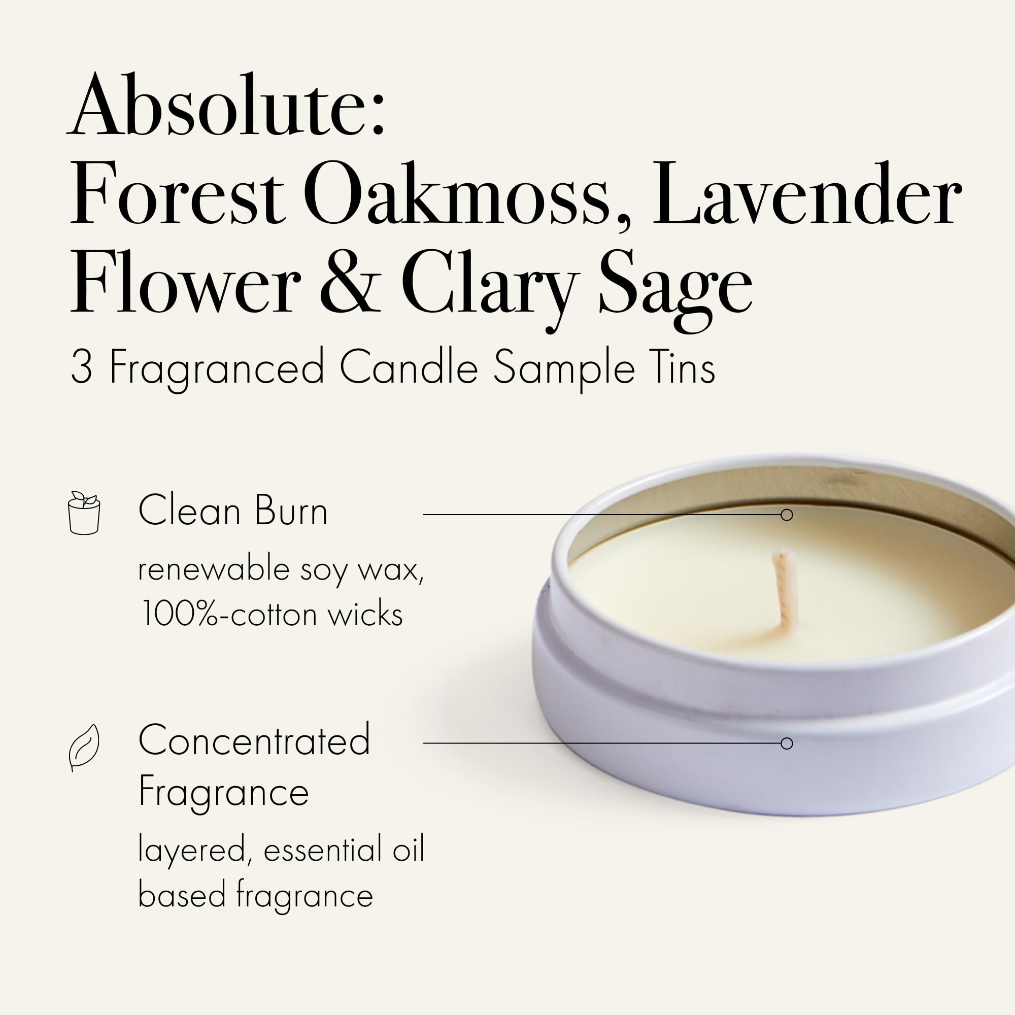 Discovery Trio Absolute: Forest Oakmoss, Lavender Flower & Clary Sage - 3 Fragranced Candle Sample Tins - 4-Hour Burn Time Each - Made in The USA
