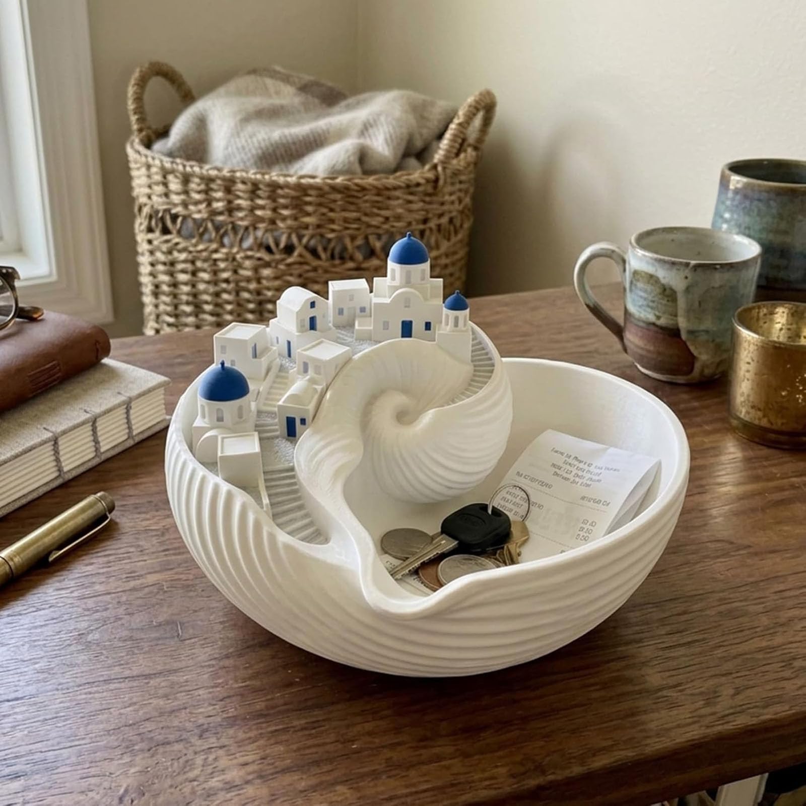 Ciotola Catchall di Santorini, ciotola decorativa per portachiavi, vassoio a conchiglia per chiavi, gioielli, monete, piatto per gingilli, organizzatore dell'isola greca stampato in 3D (1Pcs)