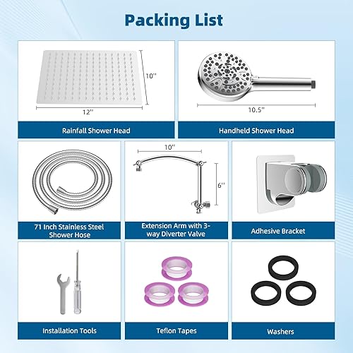 Miniatura 8 de Hibbent Cabezal de ducha de metal de 12 pulgadas, cabezal de ducha de alta presión, combo de cabezal de ducha de mano, brazo de extensión de ducha