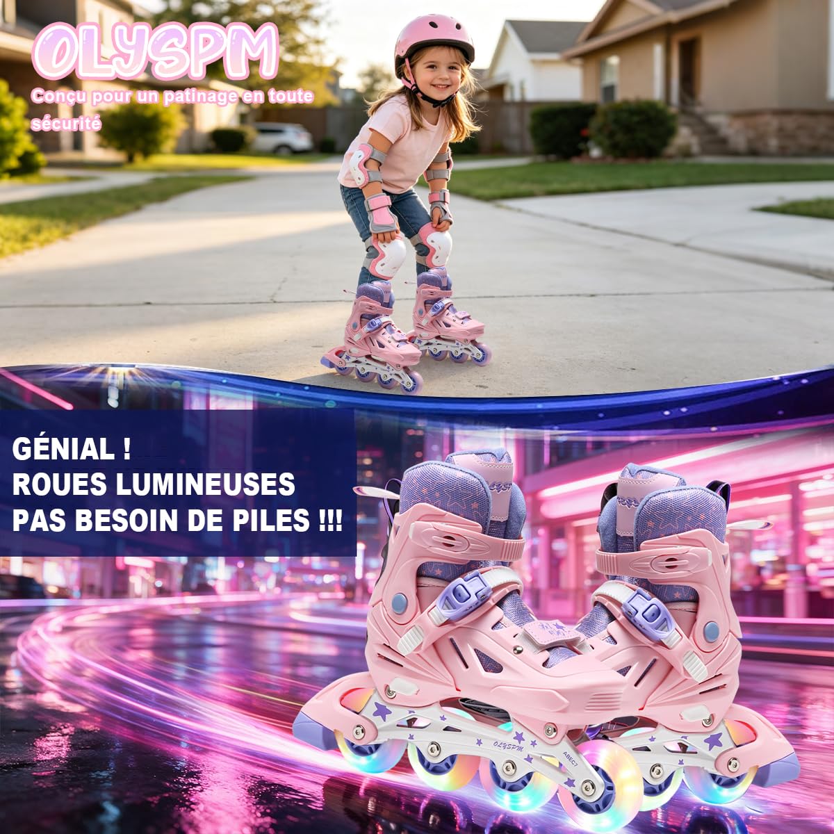 Patin a Roulette Fille Rose-Violet,Rollers en Ligne Réglables avec 8 Roues Lumineuses,Design Étoiles Amusant pour Débutants Adultes Cadeau Noël d'anniversaire