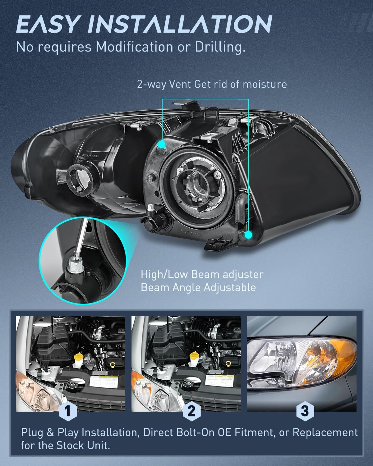 Nilight Headlight Assembly for 2001 2002 2003 2004 2005 2006 2007 Chrysler Town & Country 2001-2003 Voyager 2001-2007 Dodge Grand Caravan Replacement Chrome Housing Amber Reflector