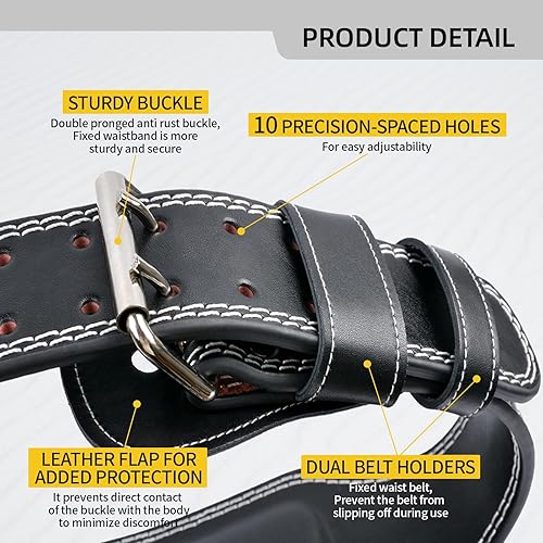Miniatura 5 de Cinturón de levantamiento de pesas de cuero genuino, soporte lumbar acolchado de 4 y 6 pulgadas, 10 agujeros ajustables, cinturón de peso para