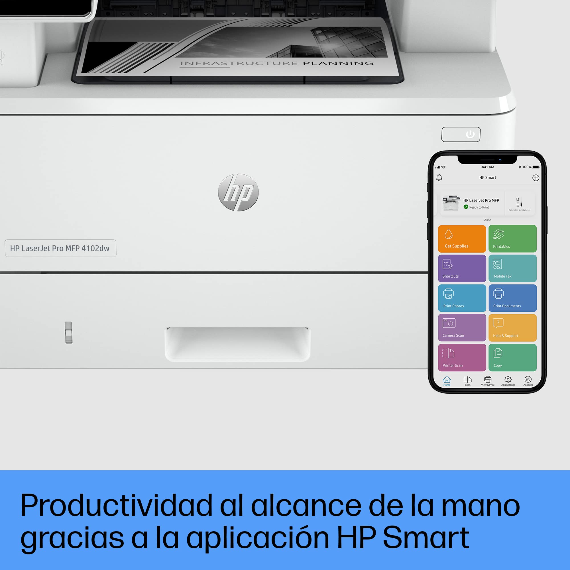 HP Impresora multifunción LaserJet Pro 4102dw (Impresión a Doble Cara Automática, Wi-Fi de Banda Dual, Bluetooth y Wi-Fi Direct USB 2.0, 1 Host USB, HP Smart App, Apple AirPrint, Mopria)
