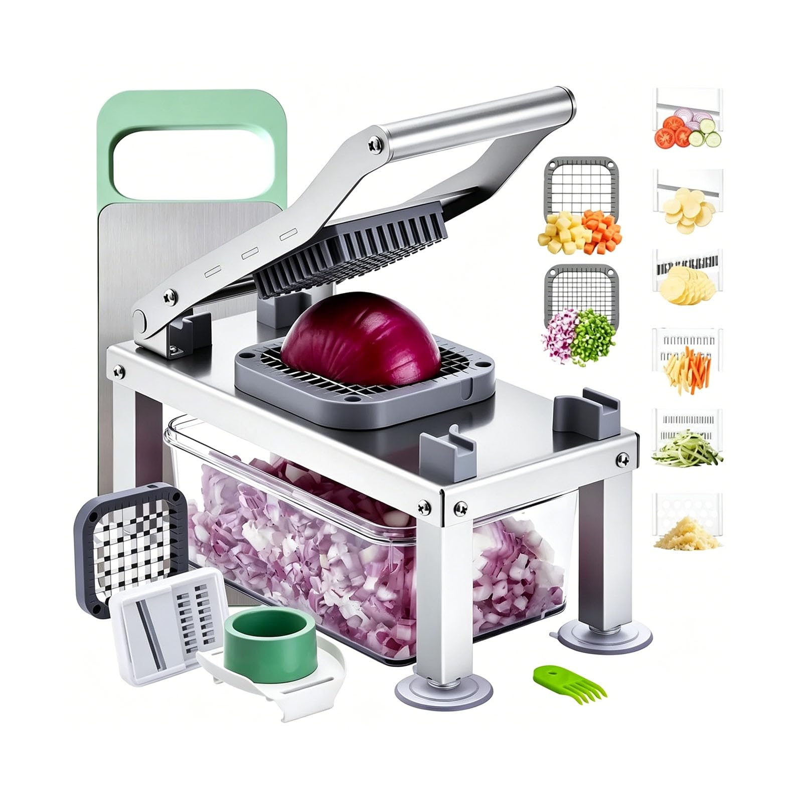 Manueller Gemüsewürfelschneider aus Edelstahl, Multifunktionaler Zwiebelschneider, Küchen Mandoline zum Würfeln, Schneiden, Juliennieren, Gemüse Schneider mit Auffangbehälter