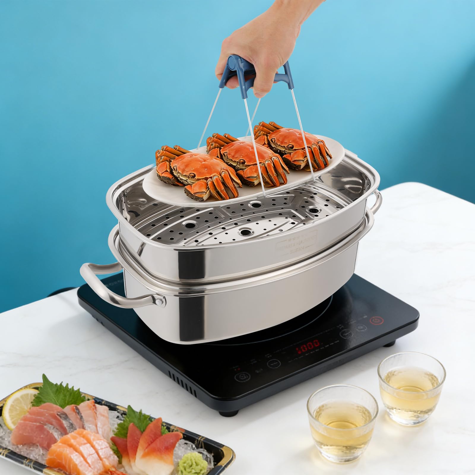2-piętrowy parowar ze stali nierdzewnej 304 1,32 gal, w zestawie szczypce i rękawice, 30,5 x 10,2 x 5,9 cala, top parowar do gotowania, z powłoką zapobiegającą przywieraniu, zarówno garnek do zupy do