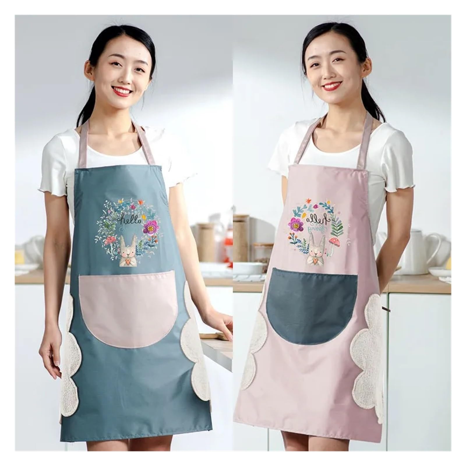 Delantal de cocina for mujer, con diseño conejo y guirnalda flores, impermeable, a prueba aceite, dibujos animados, borrable funda for las manos