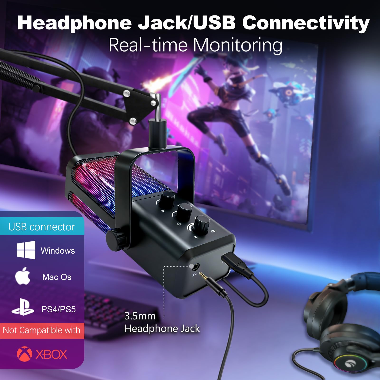 VCOM Microfono da gioco USB RGB con braccio a braccio, riduzione del rumore e muto one-touch, jack per cuffie da 3,5 mm, controllo del guadagno, microfono plug & play per PC, streaming, podcast