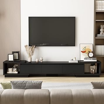 AGOTENI Expandable TV Stand Media Console Table, Modern Entertainment Center with Three Drawers and Two Open Shelves for Living Room Bedroom, Black 65.4-106.3W x 15.7D x 15.4H
