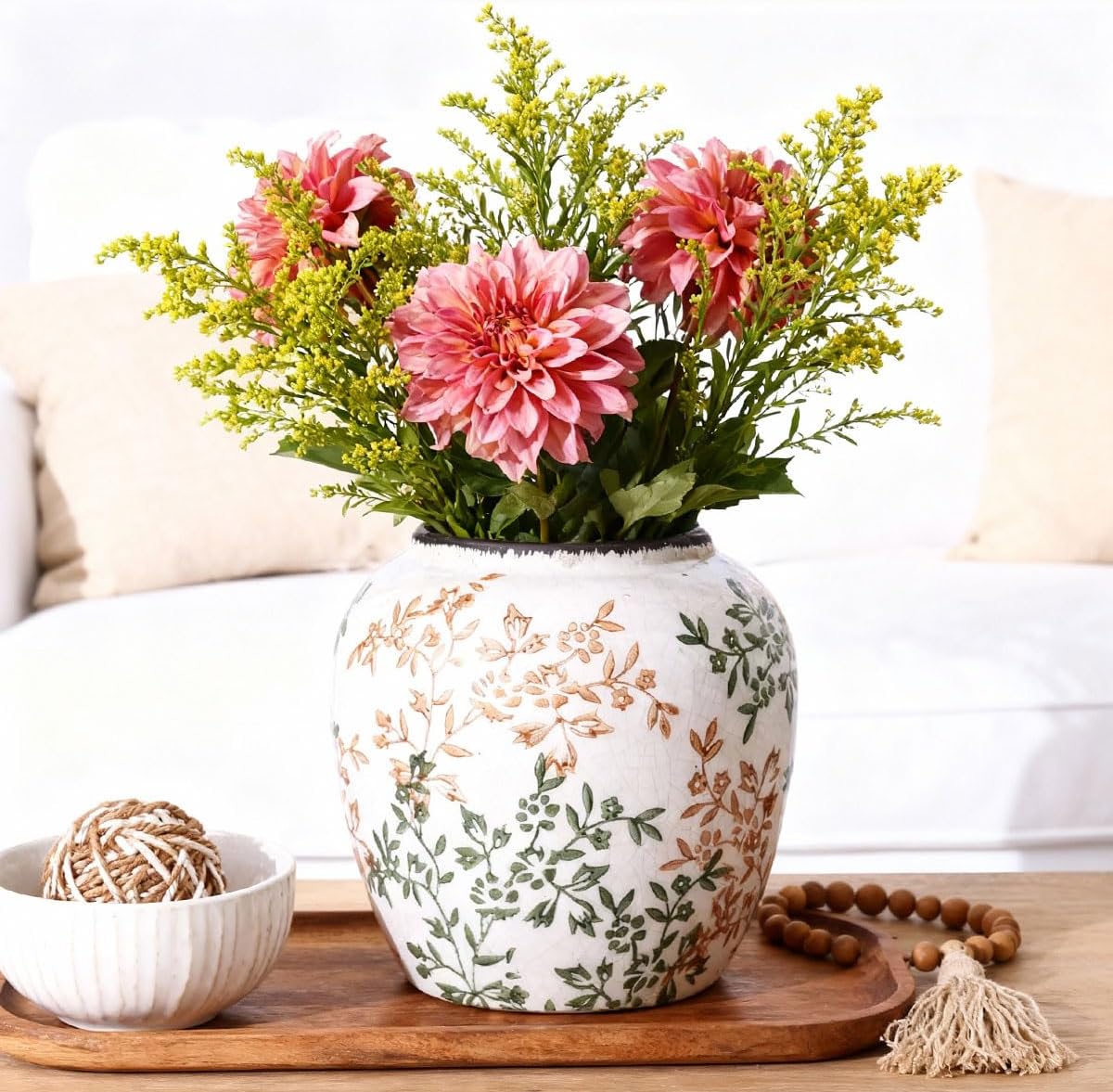 Green and White Vase - 7.1 Inchs Vintage Ceramic Vases for Home Decor, Farmhouse Flower Vase for Living Room and Kitchen, Vintage Pottery Decor for Table Shelf and Mantle, Chinoiserie Decor Vases - Image 3