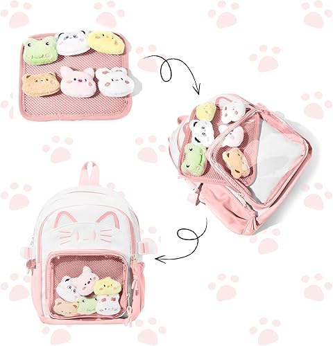 Miniatura 7 de Bolsa Kawaii Cat Ita, bolso con pines, bolsa con inserto, para uso diario y cosplay, nailon, Rosa-Blanco, Pequeño, Kawaii