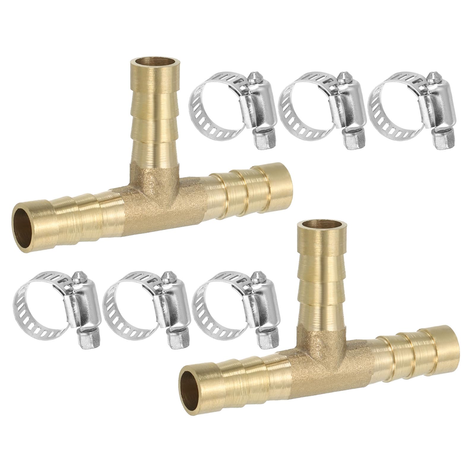 PATIKIL 1/2" Brass Tee Hose Barb Fitting, 3 Ways Union Intersection T Shape Barbed Split with Clamps for Air Water Fuel Gas Liquid, Golden — view 21