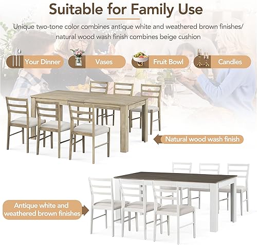 Miniatura 2 de Juego de comedor de madera de 7 piezas, mesa extensible multifuncional con hojas de 12 pulgadas y 2 cajones, más 6 cómodas sillas de comedor con