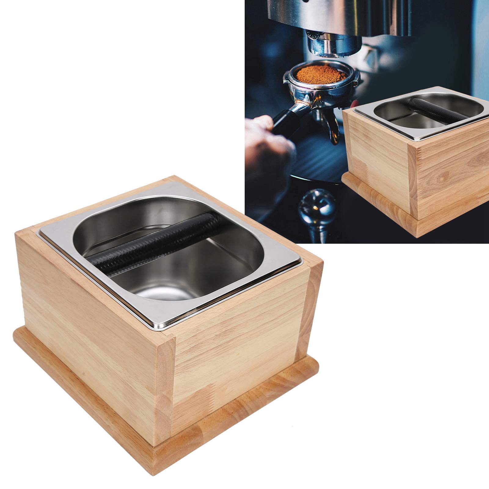 Knock Box Edelstahl-Kaffeesatzbehälter, Abfallbehälter mit Holzsockel, Kaffeezubehör, herausnehmbarer Edelstahl-Inneneinsatz, unverzichtbare Werkzeuge für Baristas