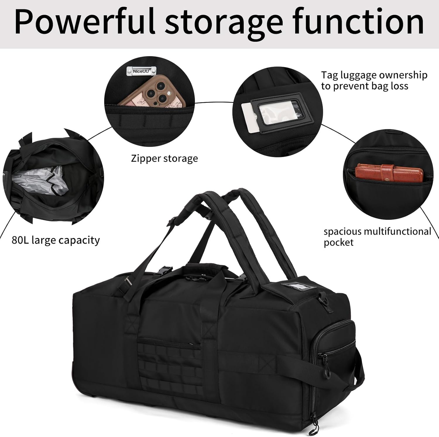 80L Waterproof Rolling Duffel Bag with Quick-Release Straps, Military Tactical Wheeled Foldable for Deployment Travel Camping Sports(Black) - Image 6