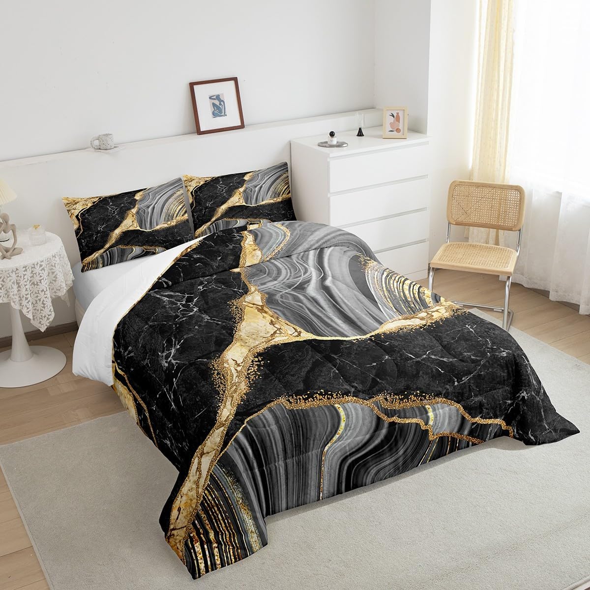 Feelyou Black & Gold Metallic Marble Comforter Set - Abstract Marble Texture Bedding - Modern Grey & Gold Duvet Set with Golden Streaks - 3Pcs with 2 Pillow Cases - Queen Size