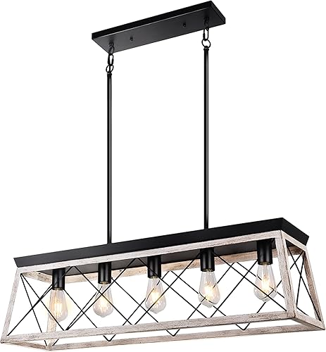 Miniatura 1 de Lámpara de araña de granja de 5 luces, iluminación de isla de cocina, acabado de madera blanca rústica, lámpara de comedor de altura ajustable,