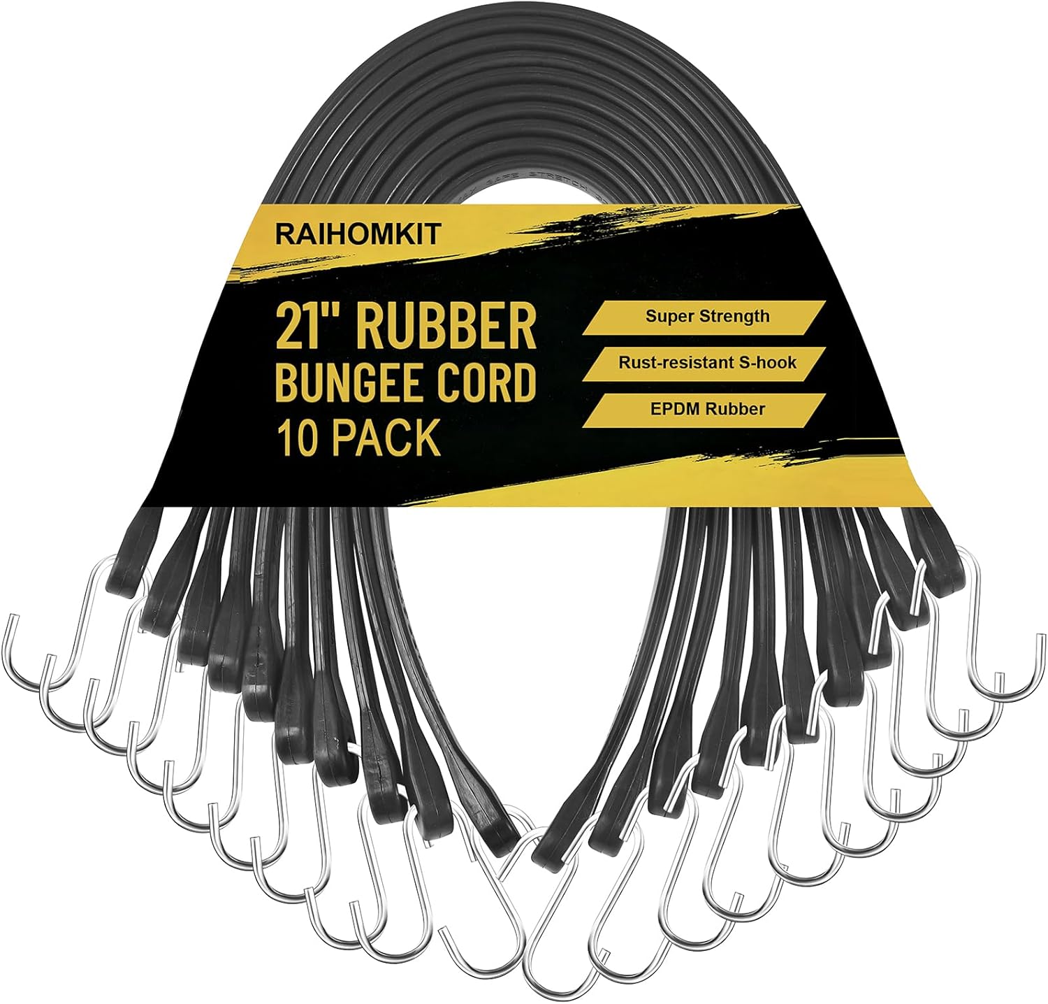 10 Pack Rubber Bungee Cords, 21" Bungee Straps with S Hooks, EPDM Rubber Tarps with Max Stretch, Heavy Duty Outdoor Tarp Straps for Cargo Motorcycle Outdoor Tarp Covers, Black