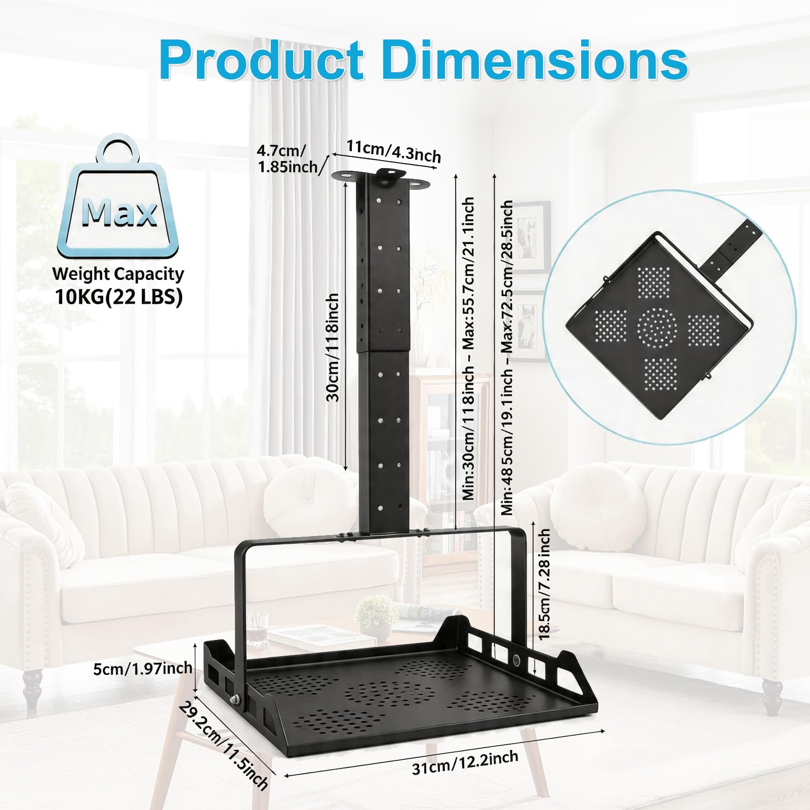 Supporto da soffitto per proiettore, regolabile in altezza, universale, guida per cavi nascosta, portata fino a 10 kg, supporto per proiettore per home theatre e ufficio
