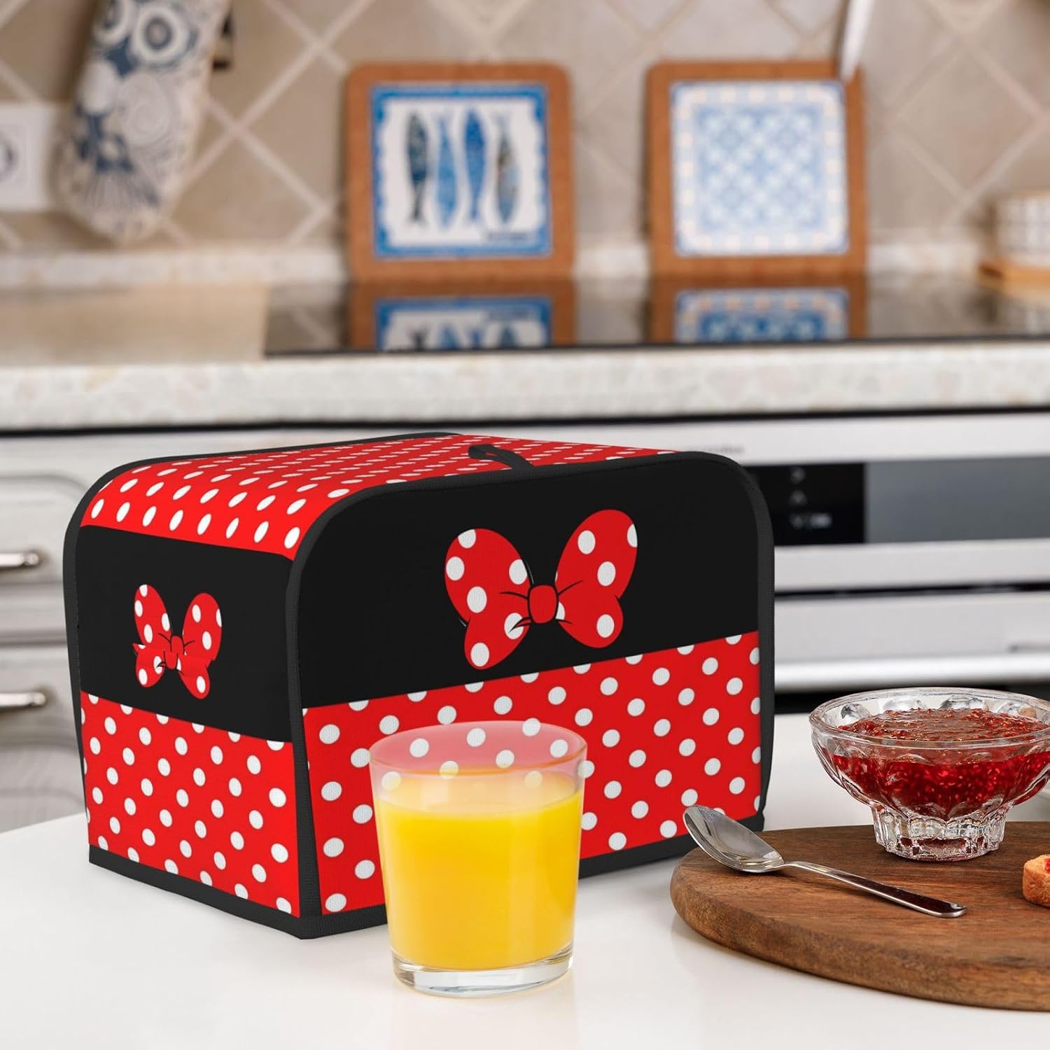 Red Black Polka Dot Bow Toaster Cover 2 Slice,Elegant Cute Waterproof Universal Fit, Dust-Proof Covers for Kitchen Small Appliance,with Handle