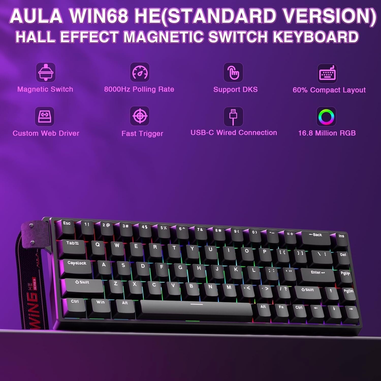 Aula Win68 He Teclado magnético Rapid Trigger Graywood Swtich 8000Hz RGB TKL Hot Swap Gaming Teclado Negro