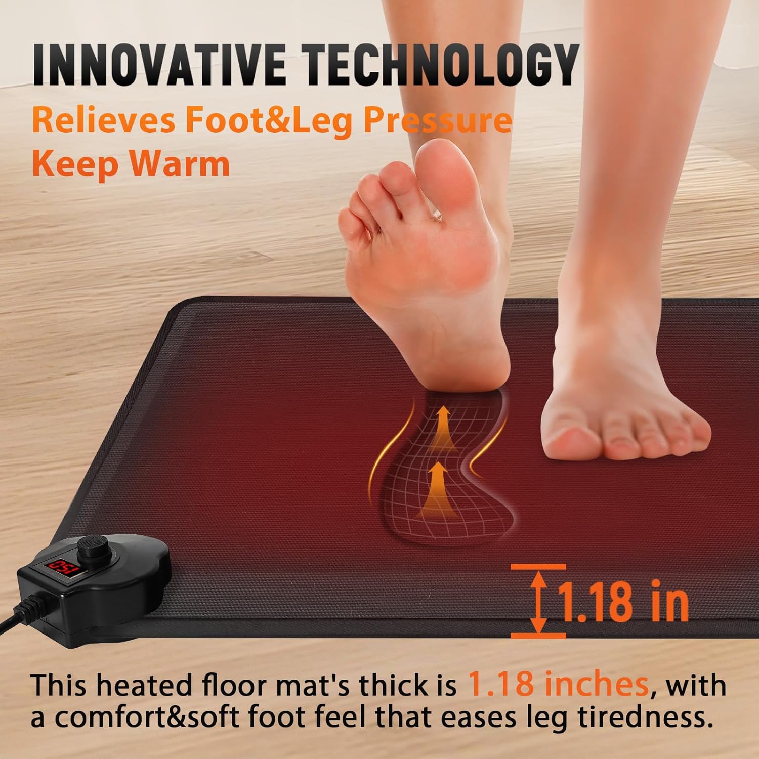Heated Anti-Fatigue Floor Mat Under Desk - Heated Standing Mat Cushioned with Foot Warmer 17.7x30,8 Levels Temp & 12H Timer, 1.2 Thick Comfort Foam Heating Pad for Kitchen,Office,Home,Durable